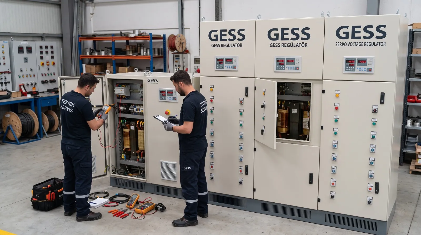 Servo voltaj regülatörü panolarında çalışan teknik servis ekibi