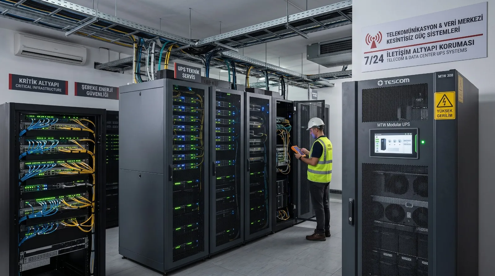 Telekomünikasyon ve veri merkezi UPS odasında çalışan teknisyen