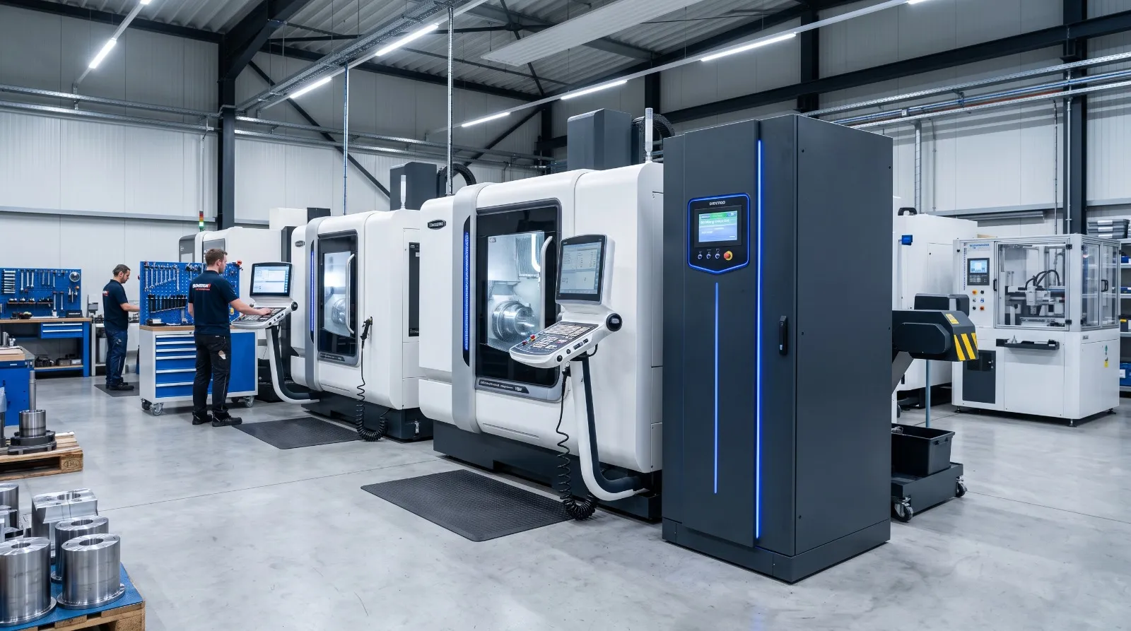 Üretim tesisinde CNC tezgahları ve UPS kabini