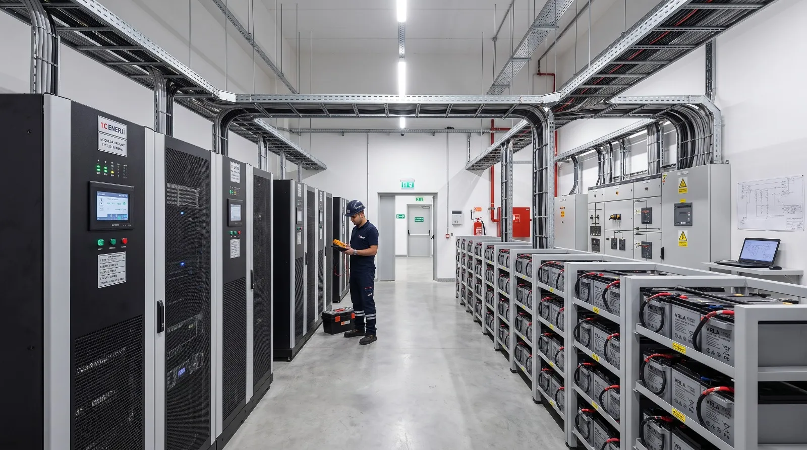 1C Enerji modüler UPS sistemi ve akü odasında ölçüm yapan teknisyen